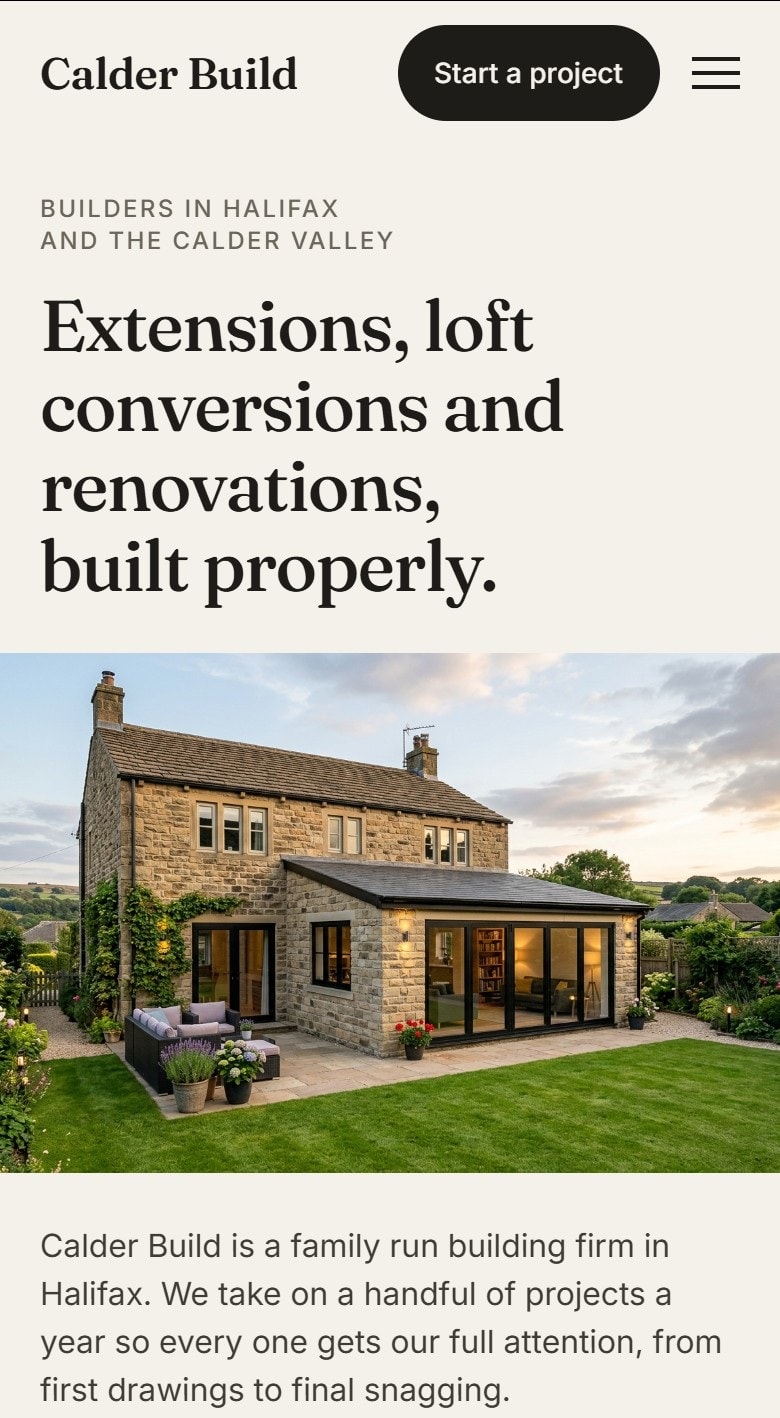 Concept site for a Halifax builder, phone view