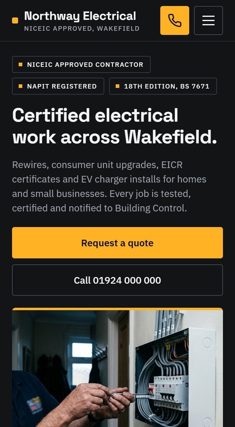 Concept site for a Wakefield electrician, phone view
