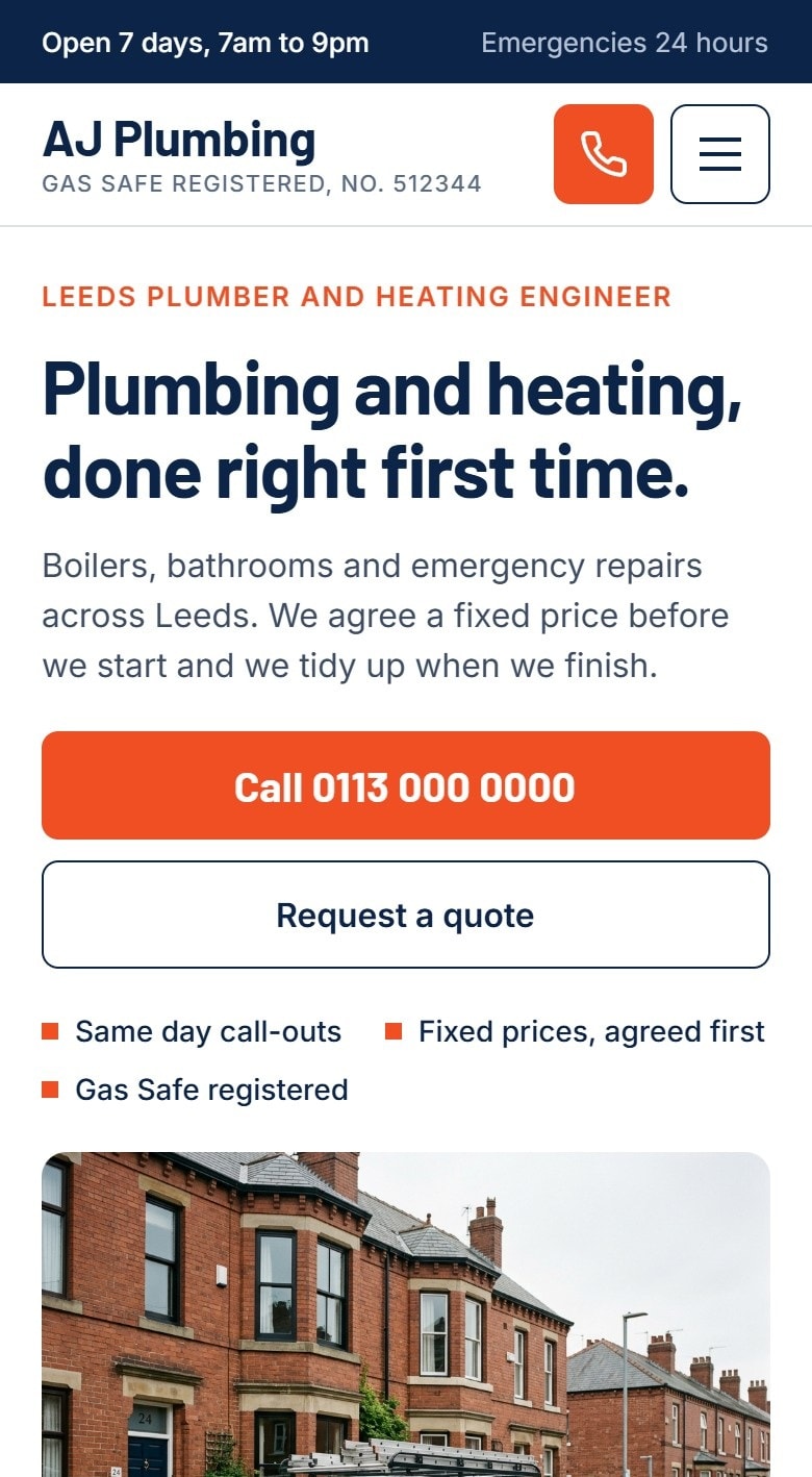 Concept site for a Leeds plumber, phone view