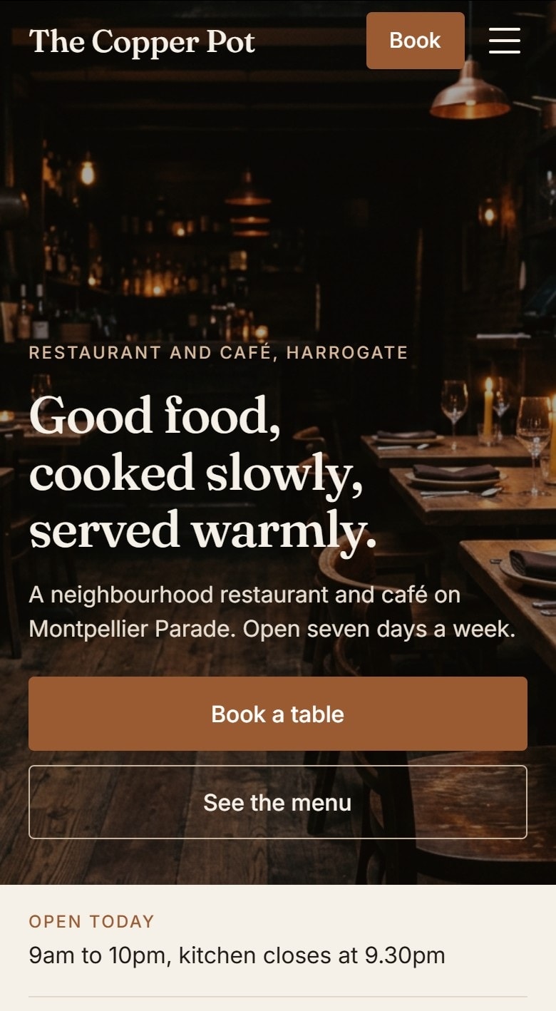 Concept site for a Harrogate café, phone view