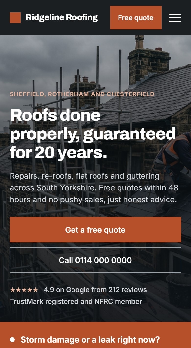 Concept site for a Sheffield roofer, phone view