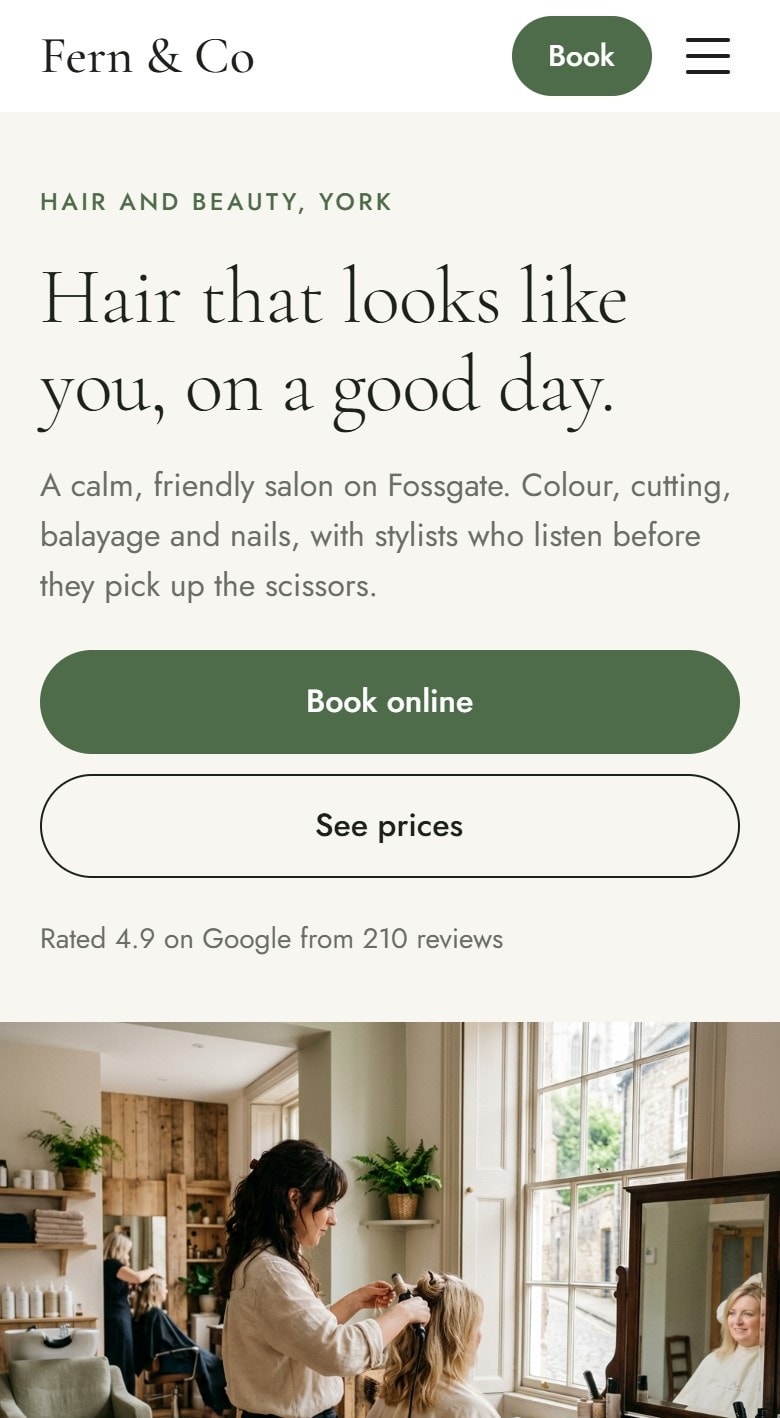 Concept site for a York salon, phone view