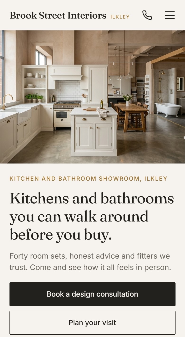Concept site for an Ilkley showroom, phone view