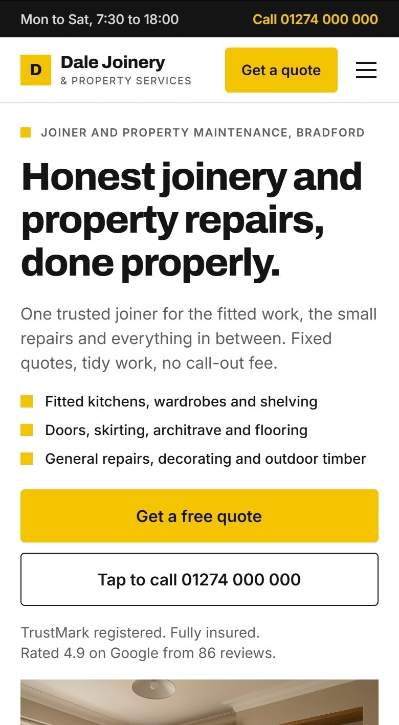 Concept site for a Bradford joiner, phone view